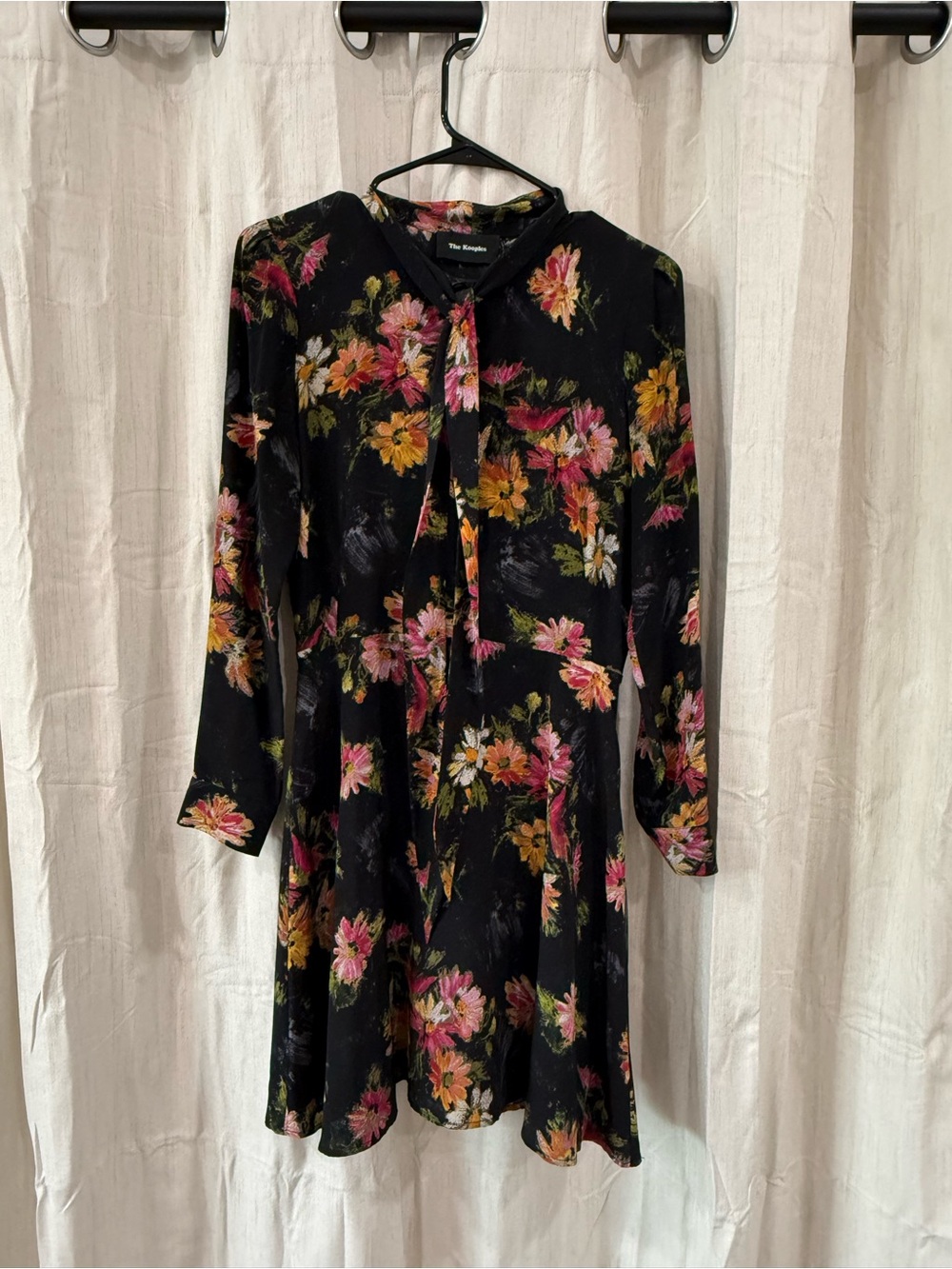 The Kooples Black Floral Tie-Neck Long Sleeve Dress